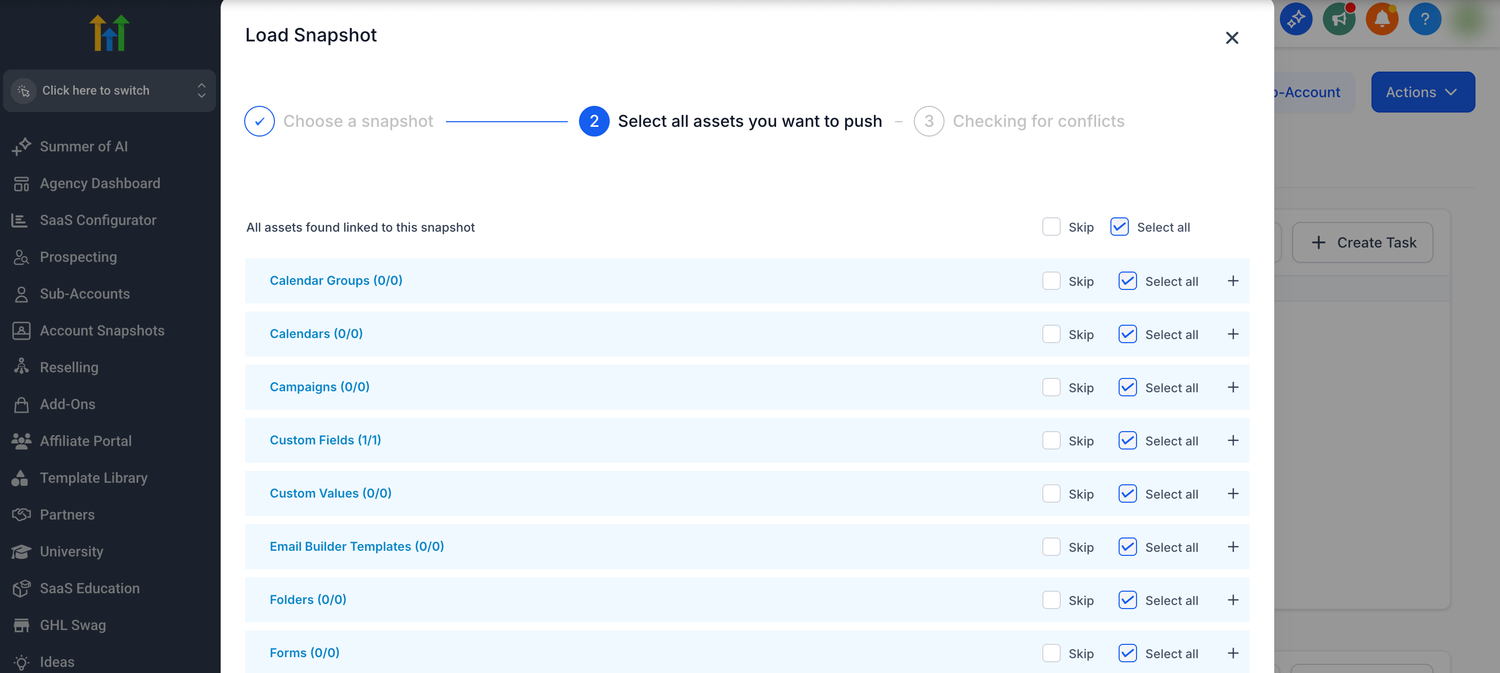 Load Snapshot asset selection screen with checkboxes for each asset group Load Snapshot asset selection screen with checkboxes for each asset group