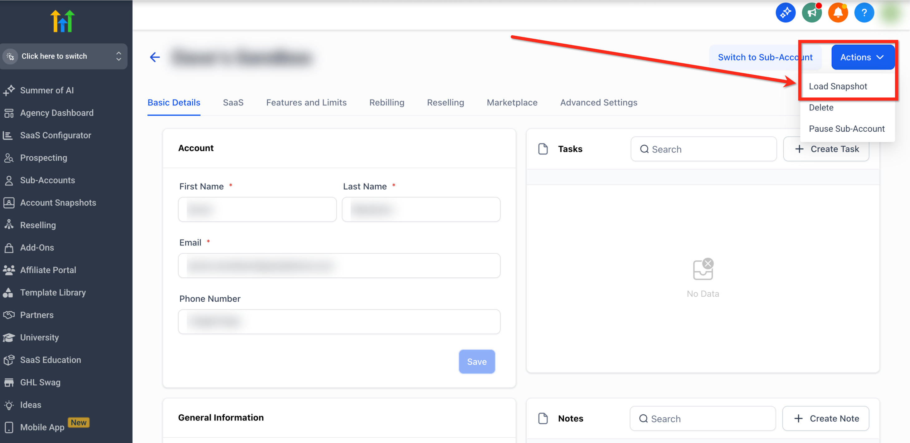 Manage Client screen with the Actions menu open showing Load Snapshot Manage Client screen with the Actions menu open showing Load Snapshot