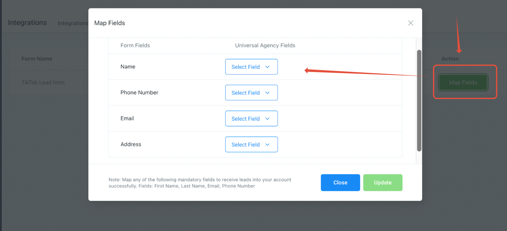 Map Fields window pairing TikTok form fields with CRM fields Map Fields window pairing TikTok form fields with CRM fields
