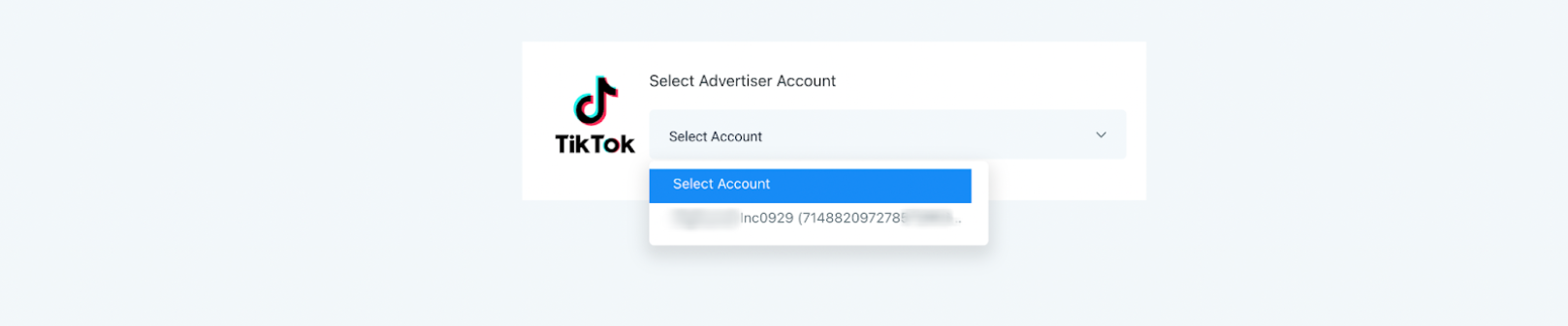 Dropdown to select a TikTok advertiser account during connection Dropdown to select a TikTok advertiser account during connection