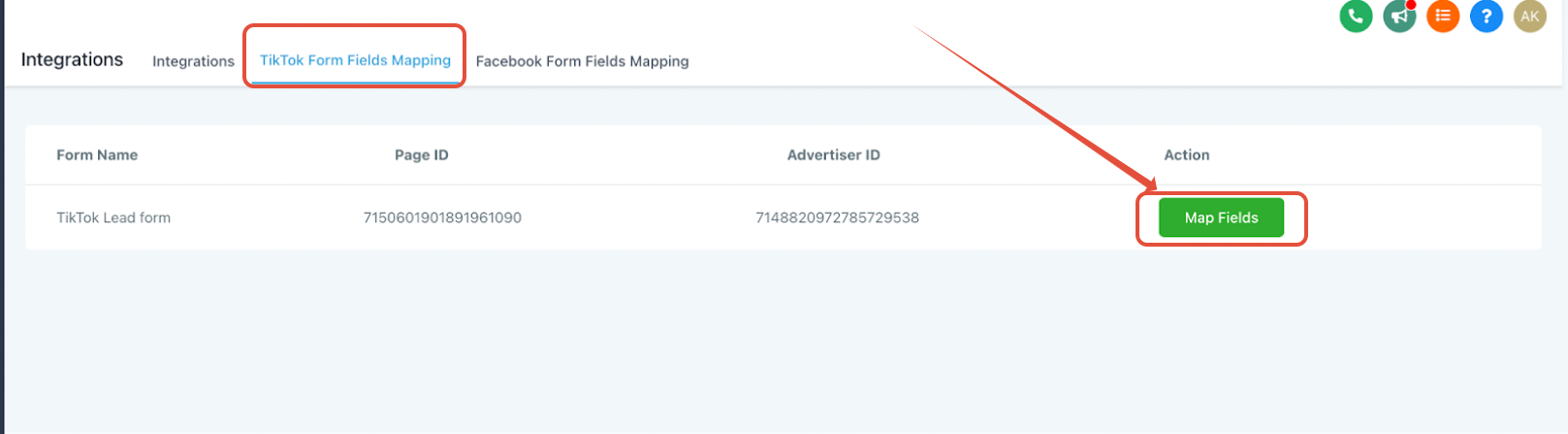 TikTok Form Fields Mapping tab showing a lead form row and a Map Fields button TikTok Form Fields Mapping tab showing a lead form row and a Map Fields button