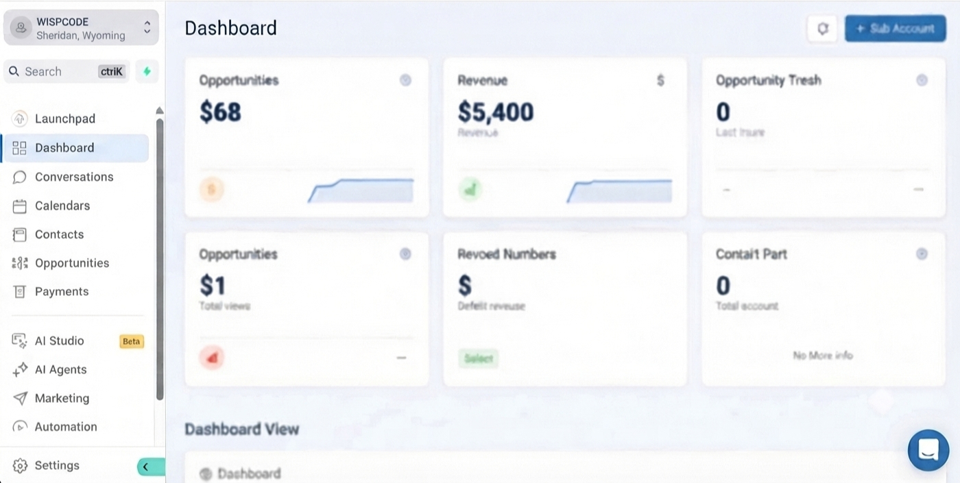 GoHighLevel CRM login and sub-account selection dashboard GoHighLevel CRM login and sub-account selection dashboard