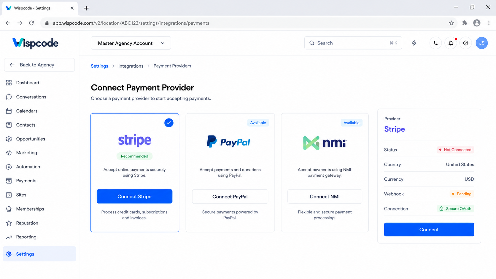 GoHighLevel Connect Payment Provider page showing Stripe integration options GoHighLevel Connect Payment Provider page showing Stripe integration options
