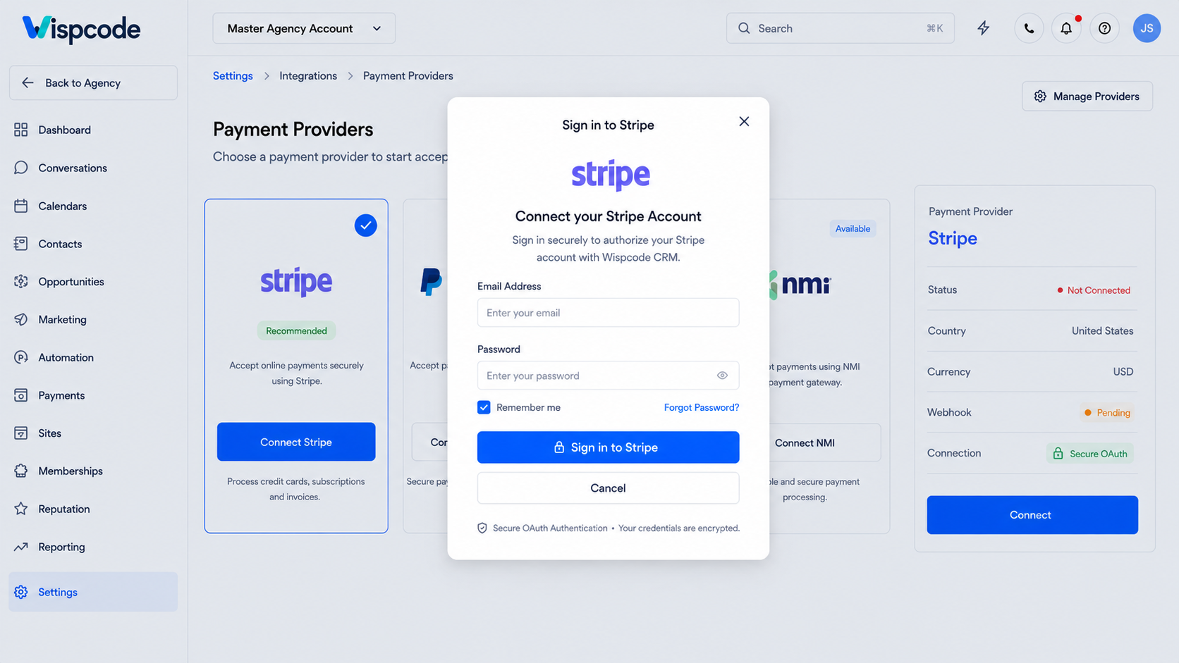 GoHighLevel Stripe sign in authorization modal for connecting payment account GoHighLevel Stripe sign in authorization modal for connecting payment account