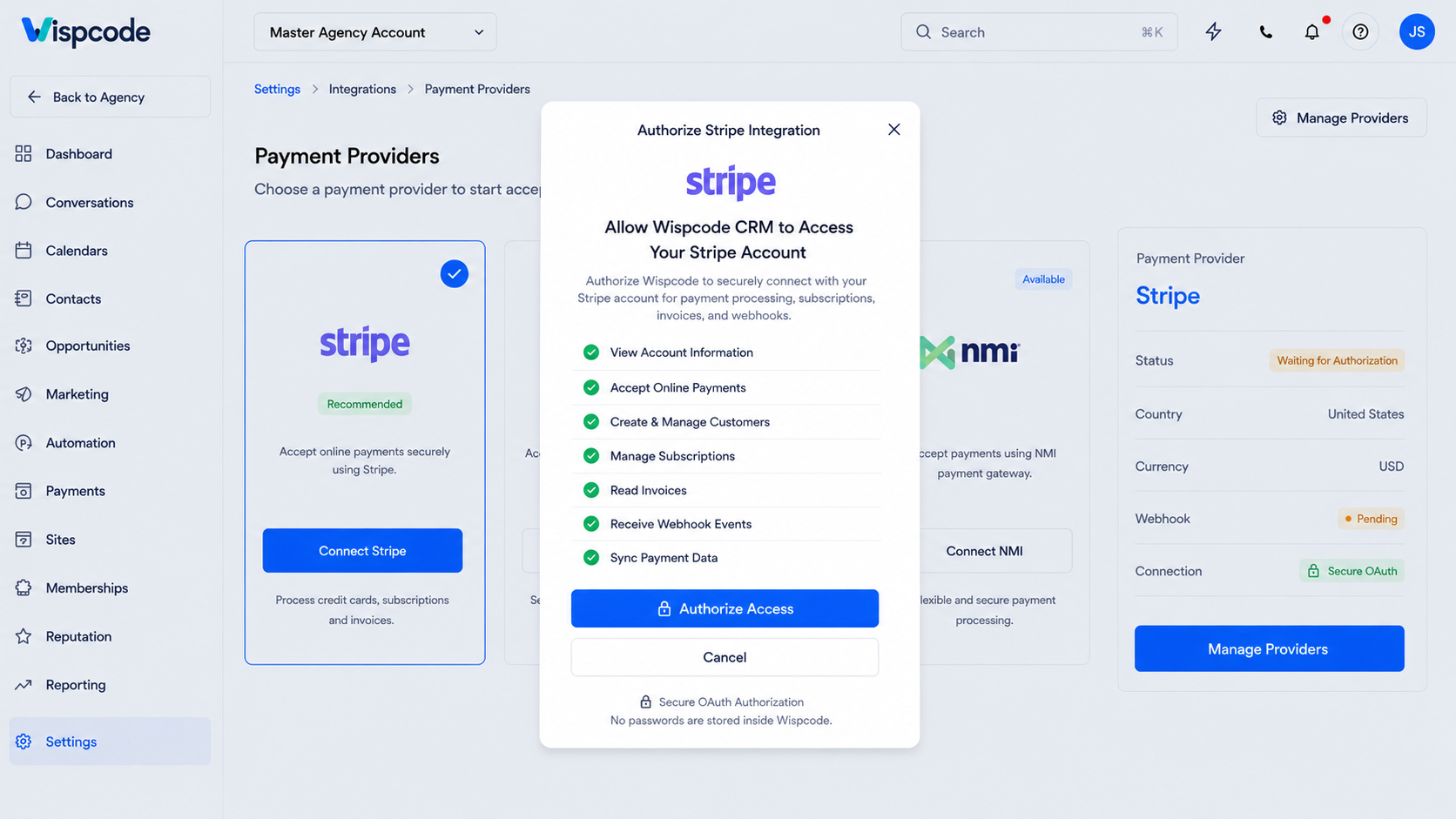 GoHighLevel Authorize Stripe Integration permission review modal showing account access options GoHighLevel Authorize Stripe Integration permission review modal showing account access options