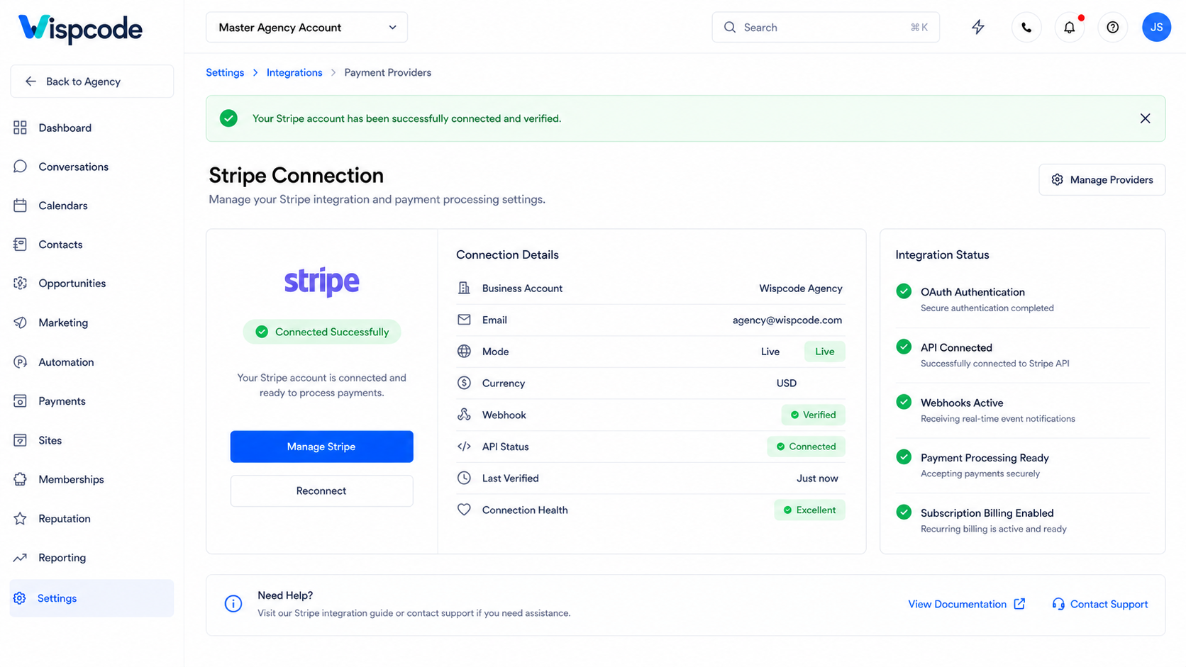 GoHighLevel Stripe Connection settings page showing successful integration status and details GoHighLevel Stripe Connection settings page showing successful integration status and details