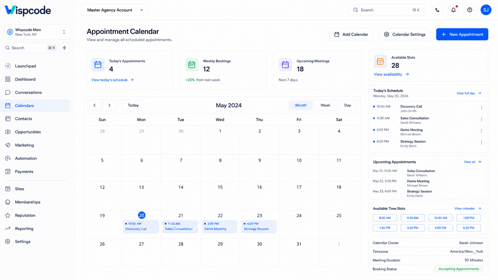 GoHighLevel Appointment Calendar dashboard showing scheduled meetings and booking settings GoHighLevel Appointment Calendar dashboard showing scheduled meetings and booking settings