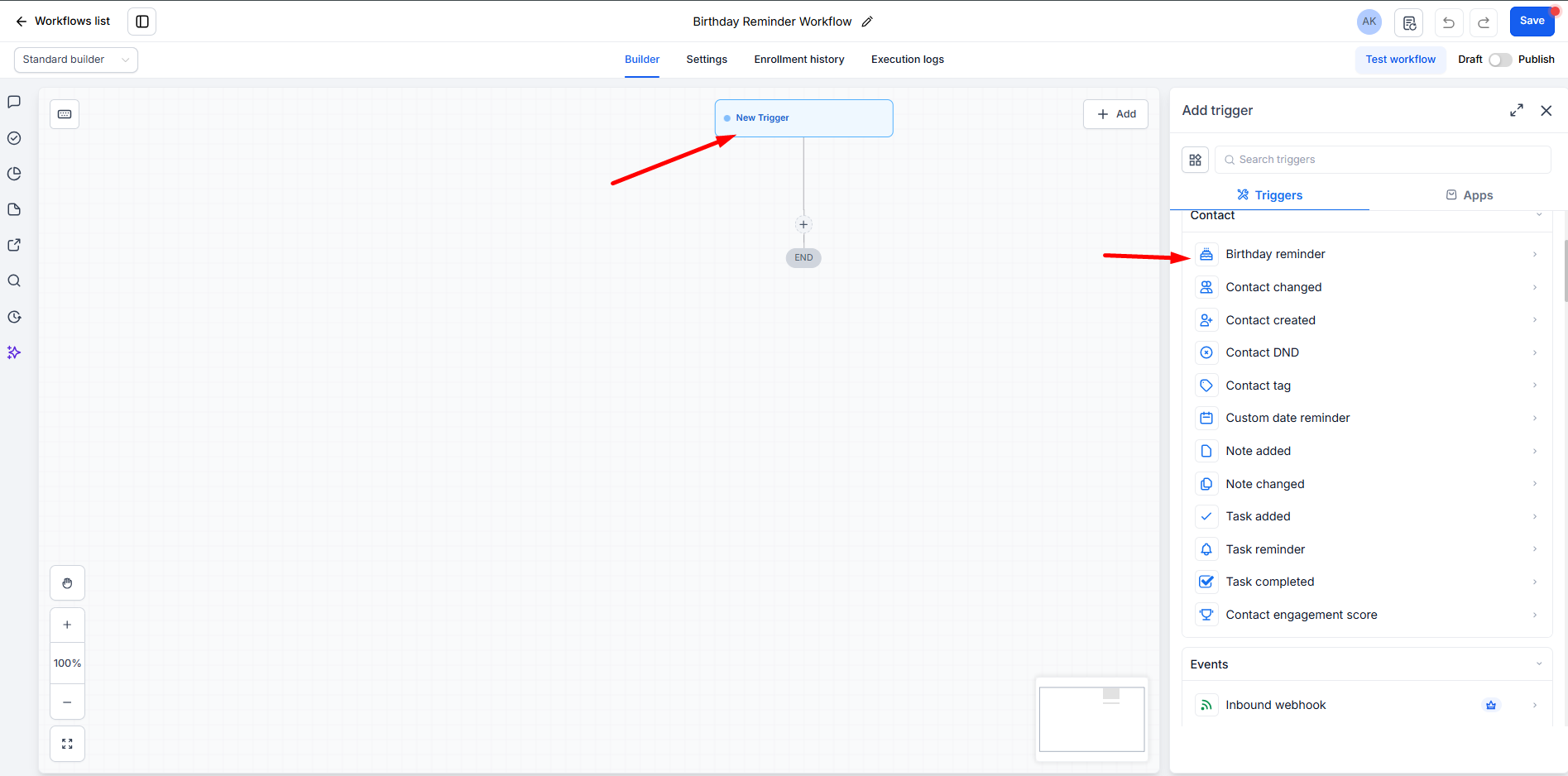 Adding a new workflow trigger in GoHighLevel