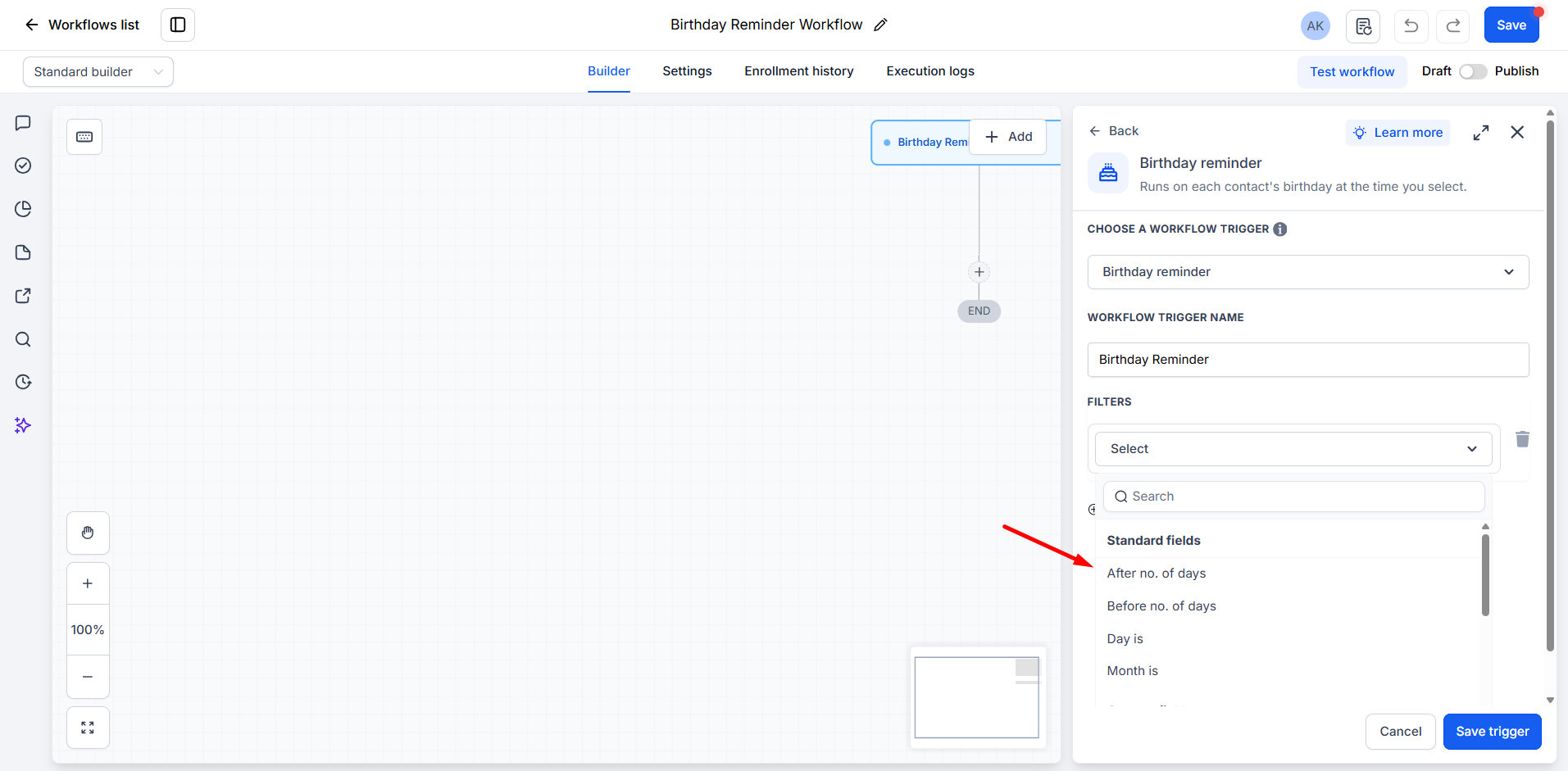 Birthday Reminder Trigger configuration settings in GoHighLevel