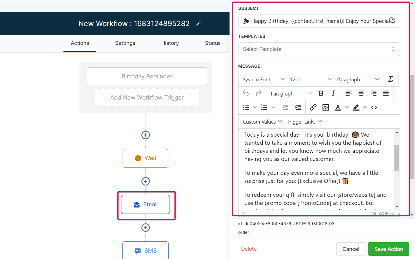 GoHighLevel workflow sending birthday SMS and email