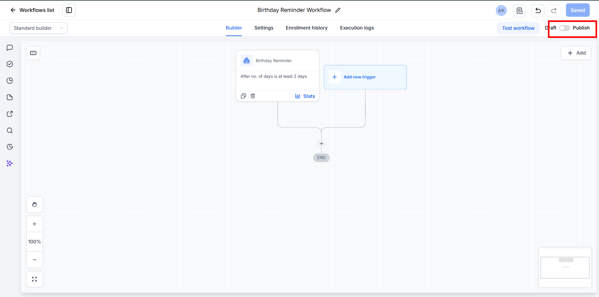 Published Birthday Reminder workflow in GoHighLevel