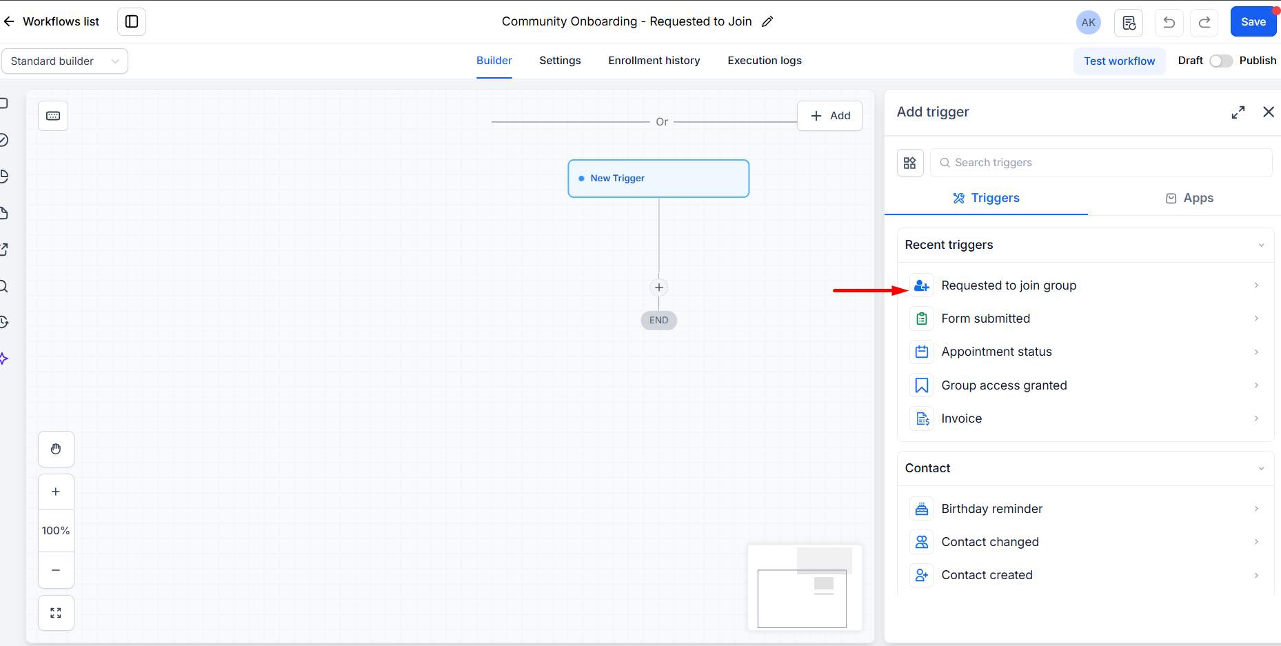GoHighLevel community onboarding workflow using the Requested to Join Group trigger