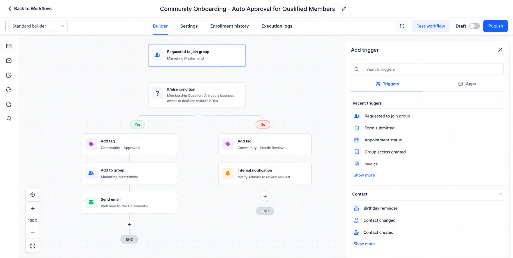 GoHighLevel community onboarding workflow for reviewing and qualifying group join requests