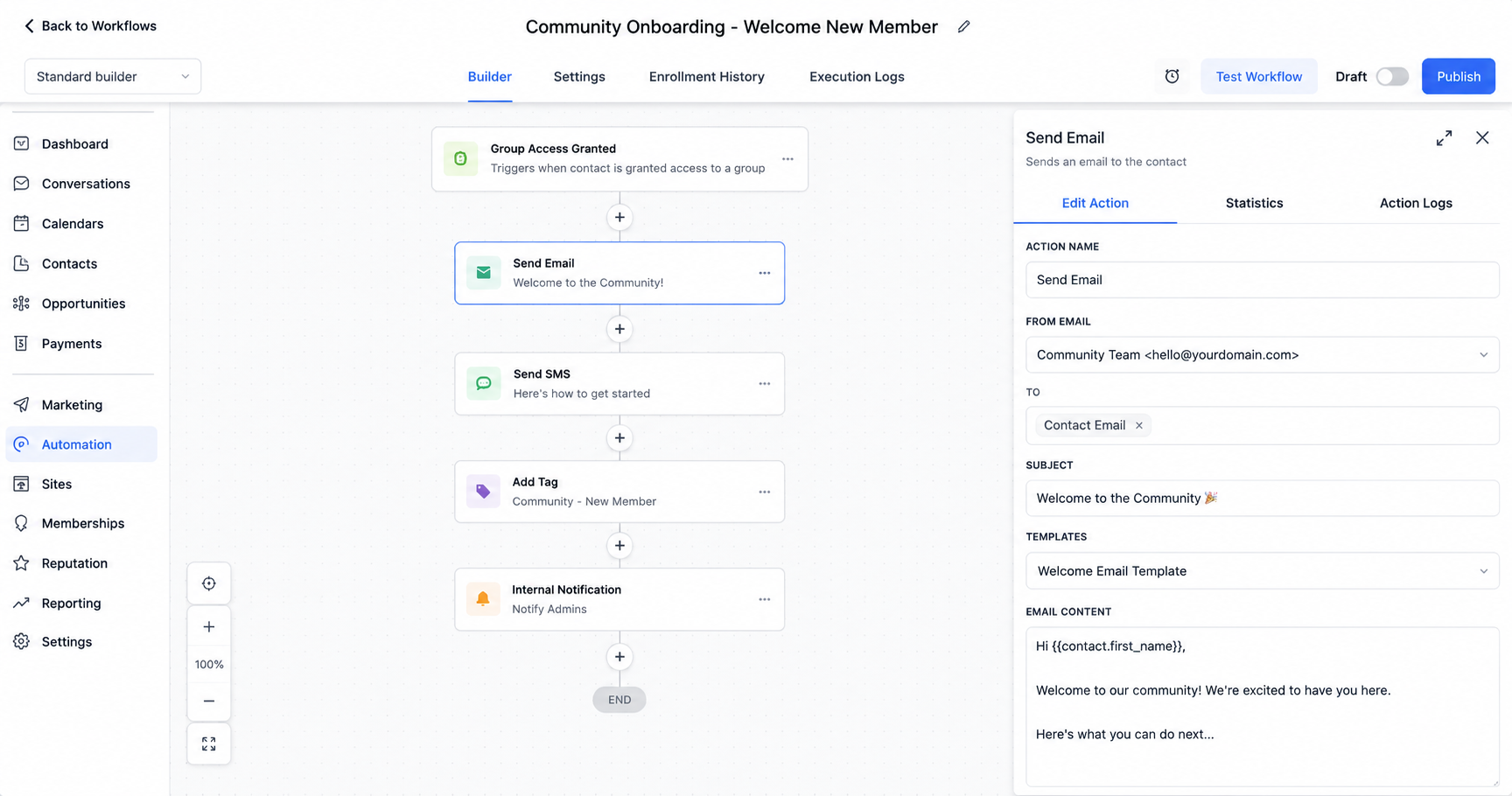 GoHighLevel community onboarding workflow sending a welcome email after group access is granted
