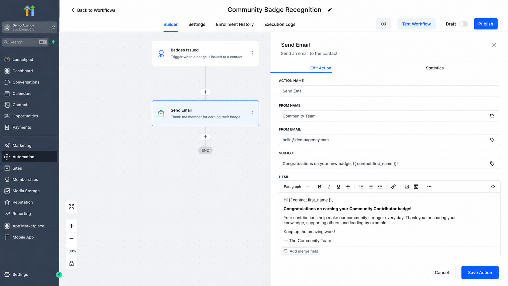 Personalized recognition email after a badge is issued in GoHighLevel