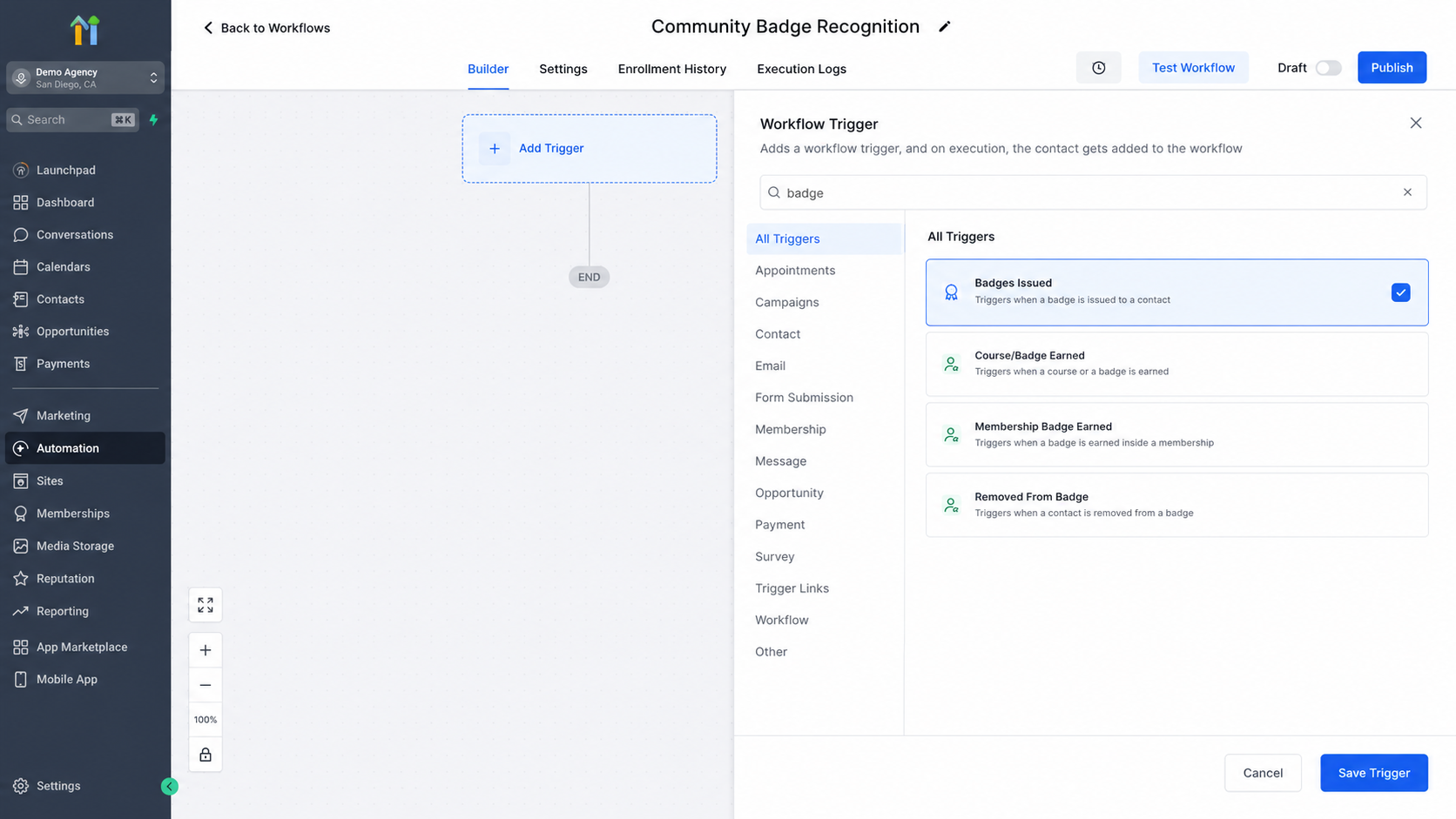 Selecting the Badges Issued workflow trigger in GoHighLevel