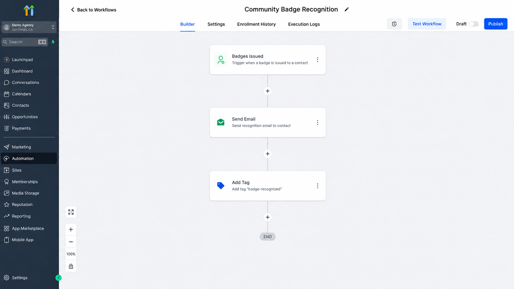 GoHighLevel badge recognition workflow with email and tag actions