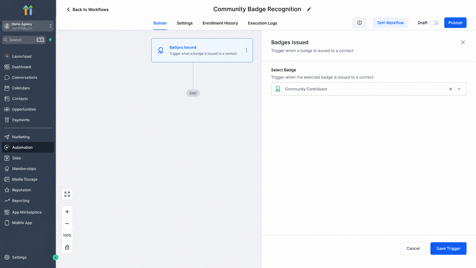Configuring the Badges Issued trigger with a Community Contributor badge in GoHighLevel