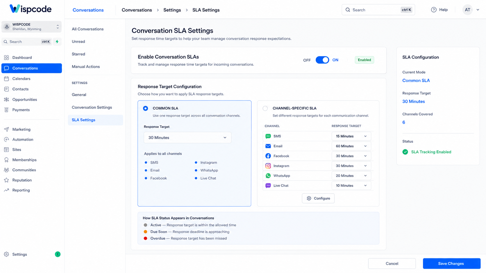 GoHighLevel Conversation SLA Settings dashboard