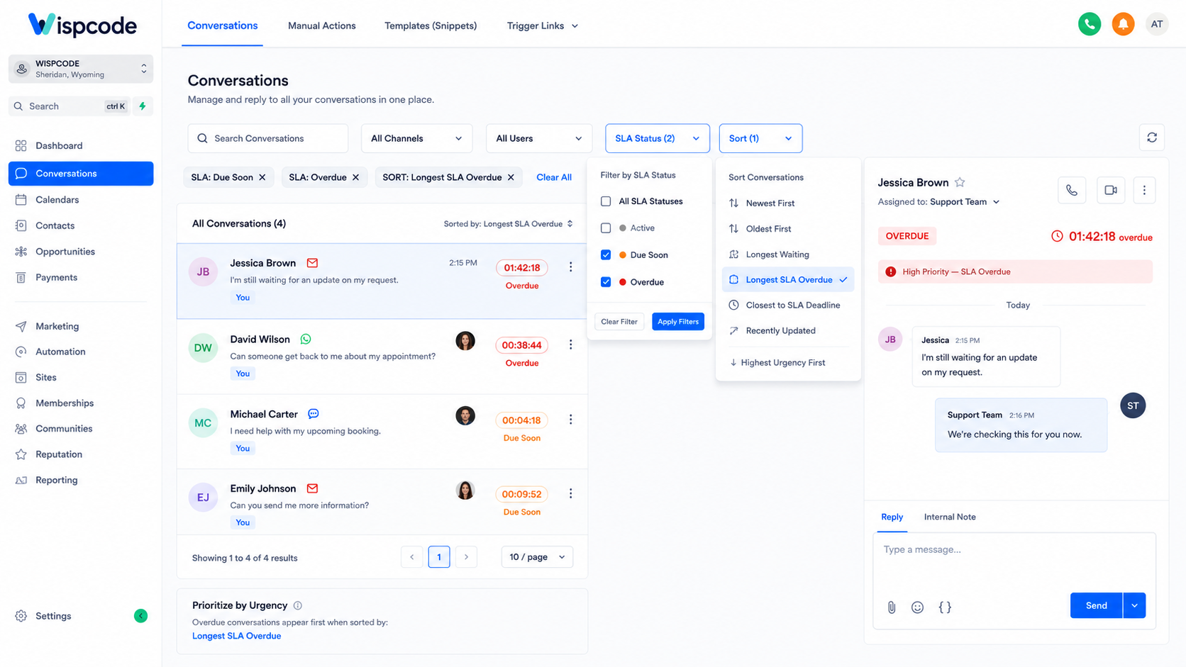 GoHighLevel Conversations SLA filtering and sorting dashboard