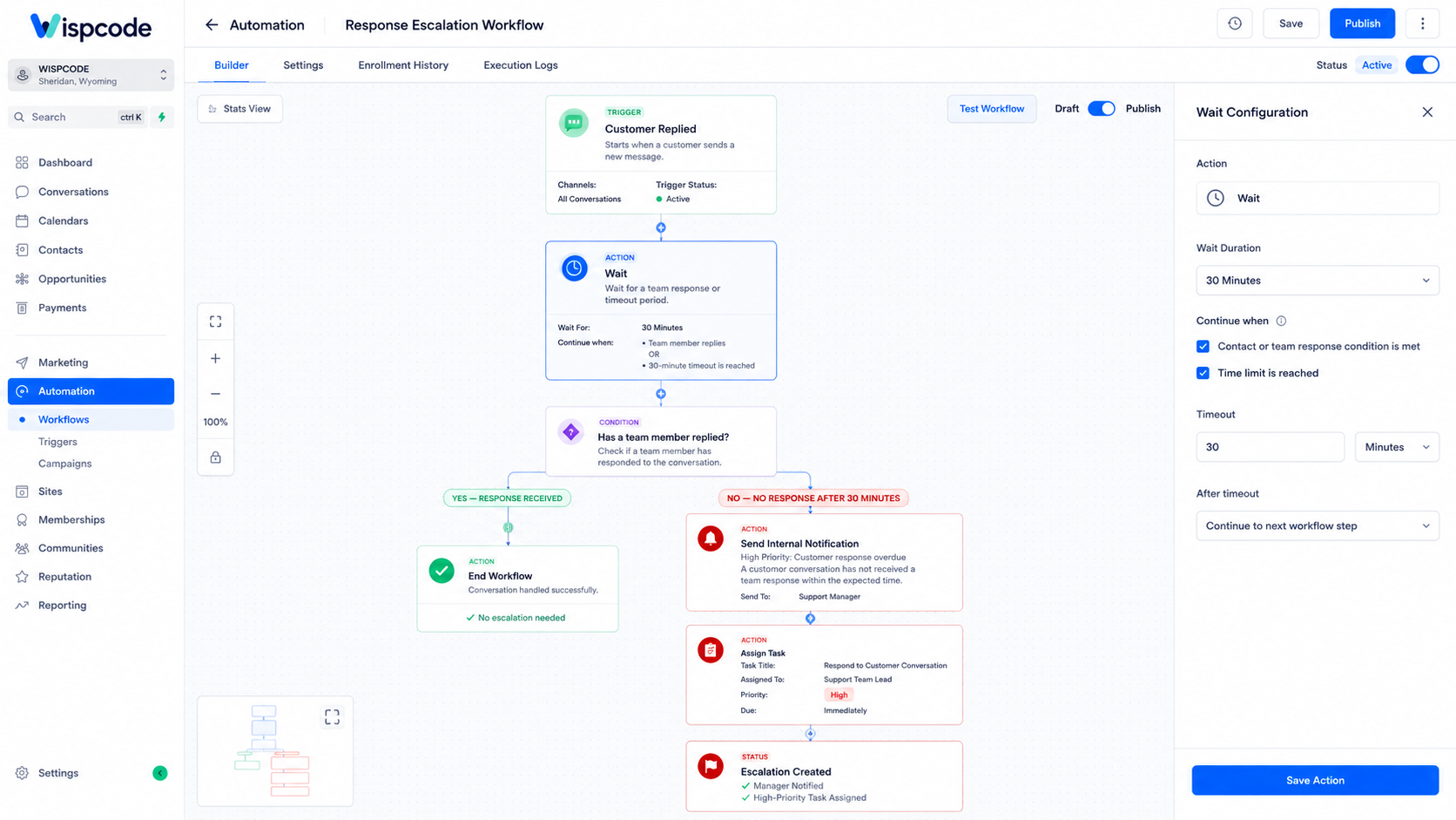 GoHighLevel Response Escalation Workflow builder dashboard