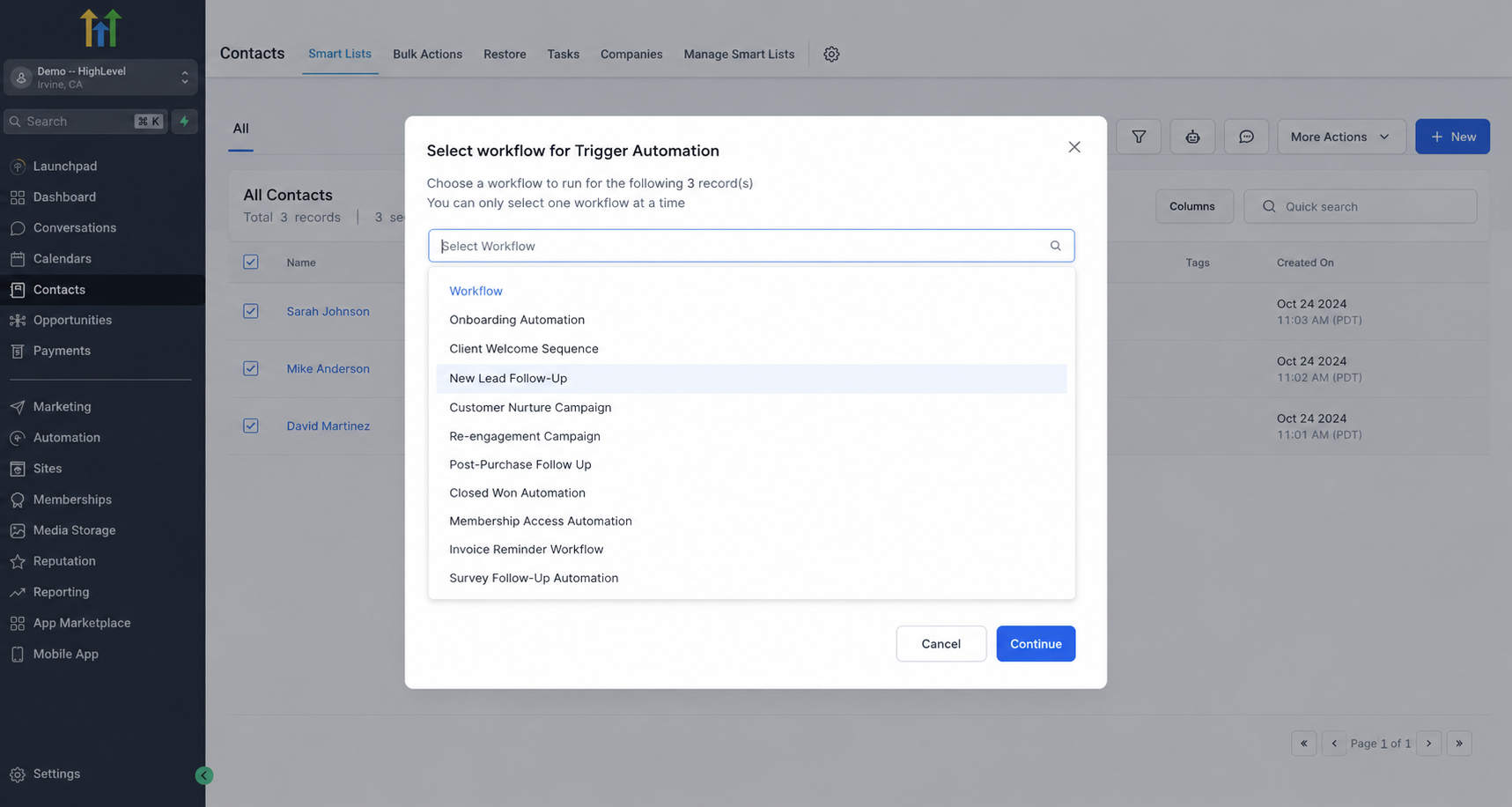 GoHighLevel workflow selection for bulk automation GoHighLevel workflow selection for bulk automation