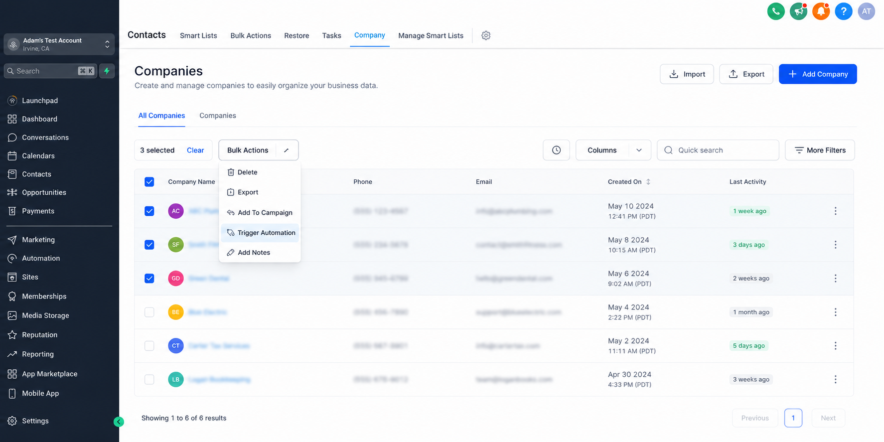 GoHighLevel Companies list view with multiple records selected for bulk automation GoHighLevel Companies list view with multiple records selected for bulk automation