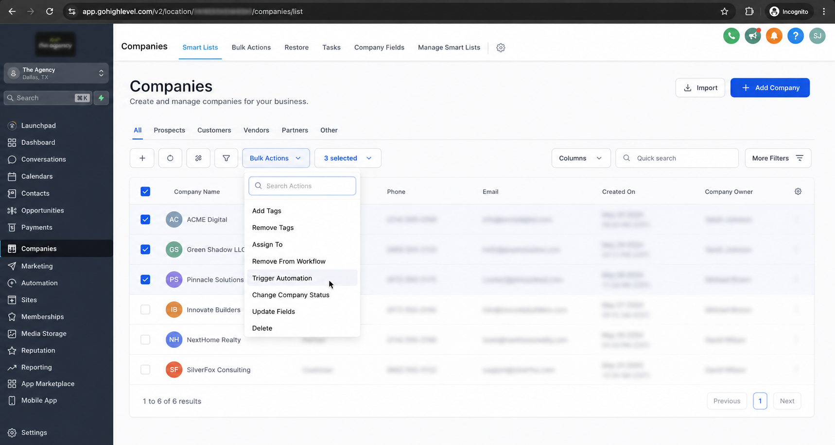 GoHighLevel Trigger Automation bulk action for selected Company records GoHighLevel Trigger Automation bulk action for selected Company records
