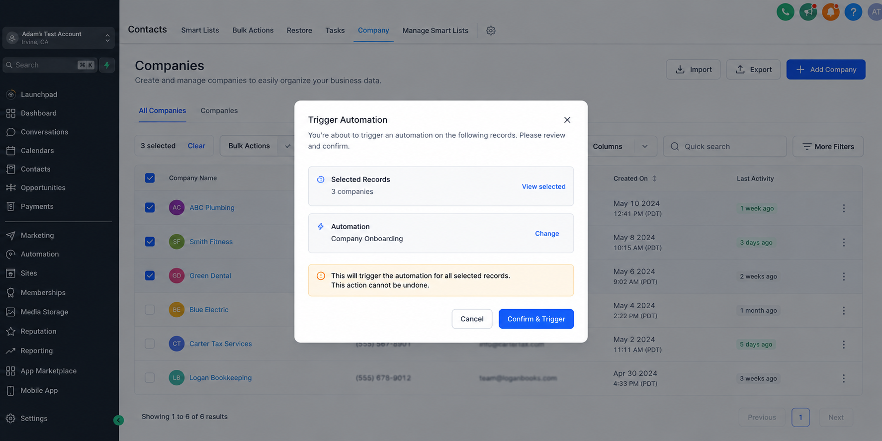 GoHighLevel bulk workflow automation confirmation screen GoHighLevel bulk workflow automation confirmation screen