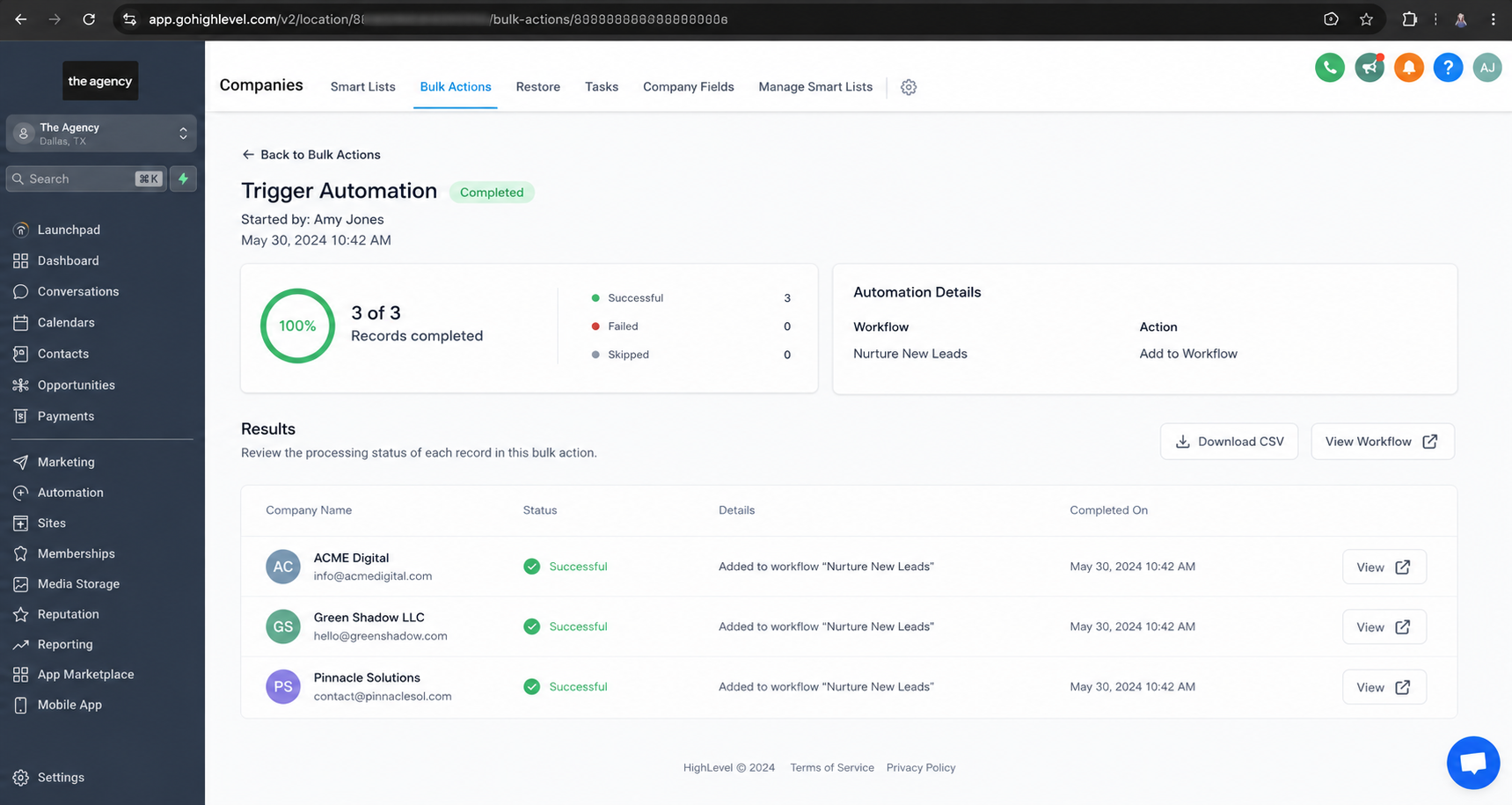 GoHighLevel Bulk Actions showing automation progress and record results GoHighLevel Bulk Actions showing automation progress and record results