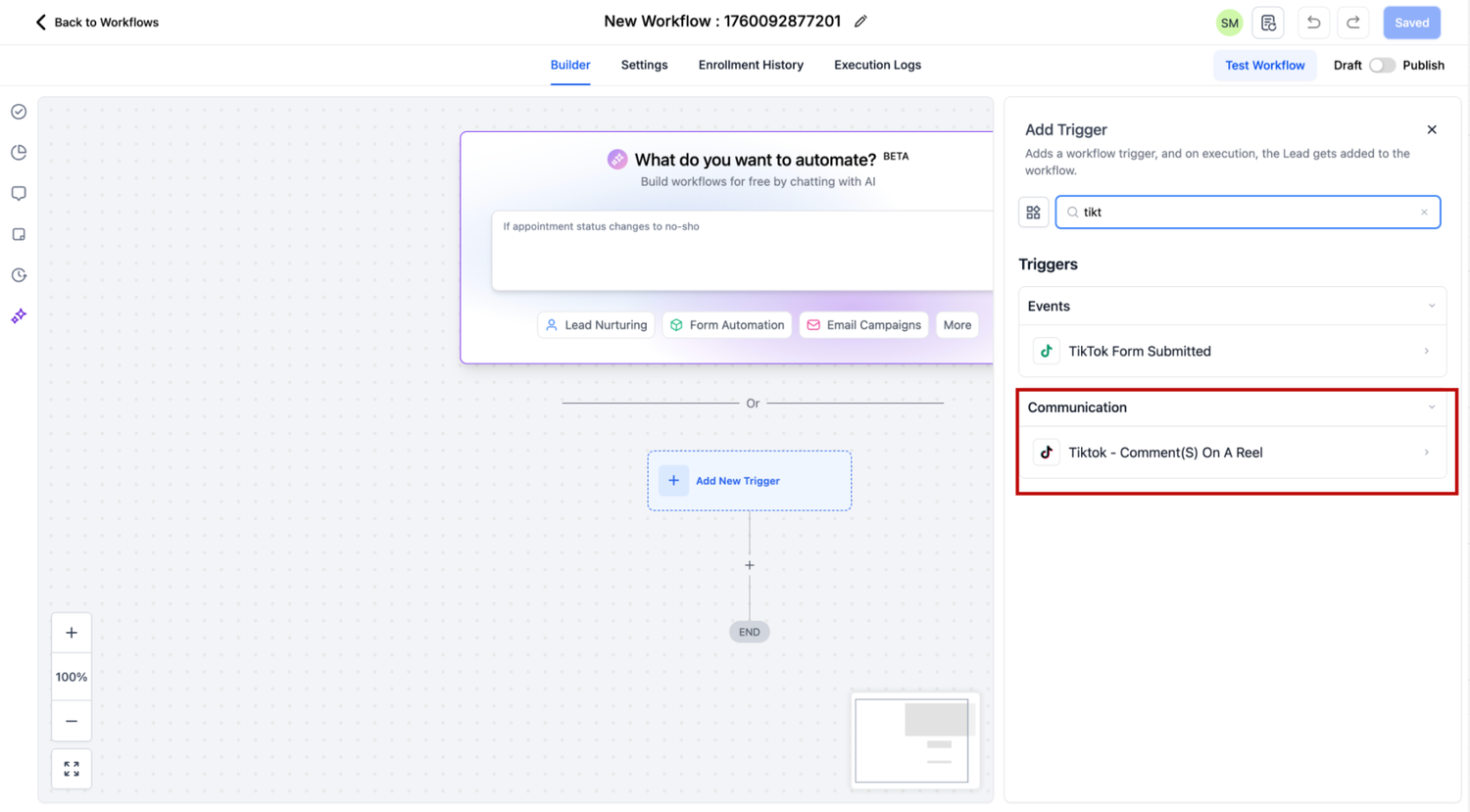	GoHighLevel Add Trigger panel with the Communication category expanded and the TikTok Comment(s) On A Reel trigger highlighted