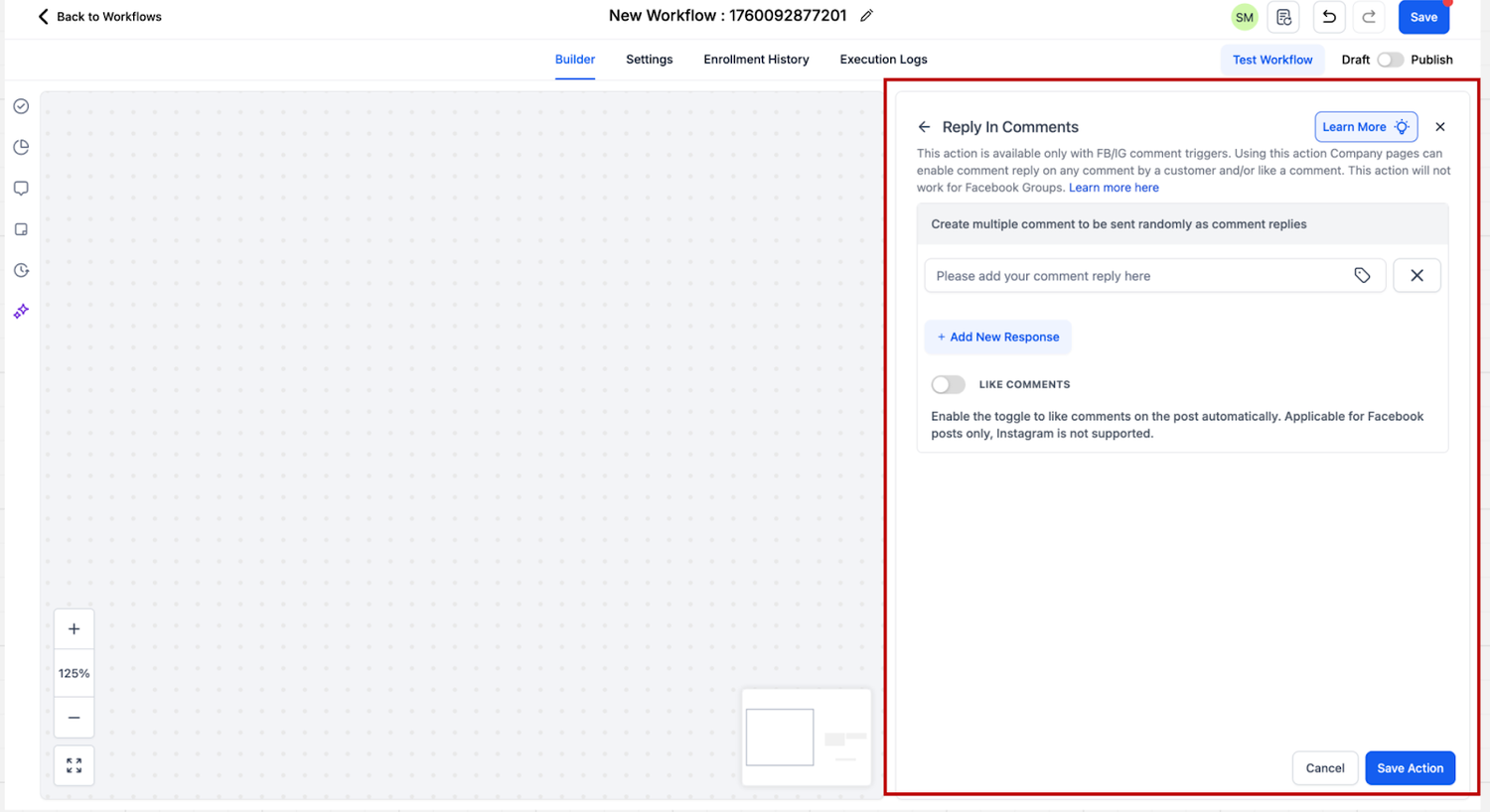 	GoHighLevel Reply In Comments action panel with a comment reply field, an Add New Response button and a Like Comments toggle