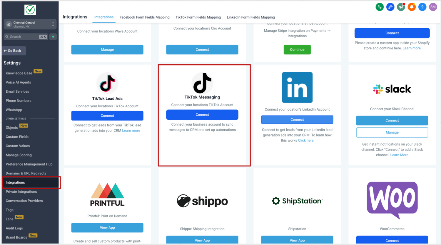 	GoHighLevel sub account Settings Integrations page with the TikTok Messaging card highlighted next to TikTok Lead Ads and LinkedIn