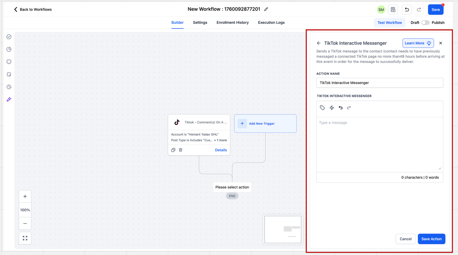 GoHighLevel workflow canvas with a TikTok Comment(s) On A Reel trigger card and the TikTok Interactive Messenger action panel open for a message