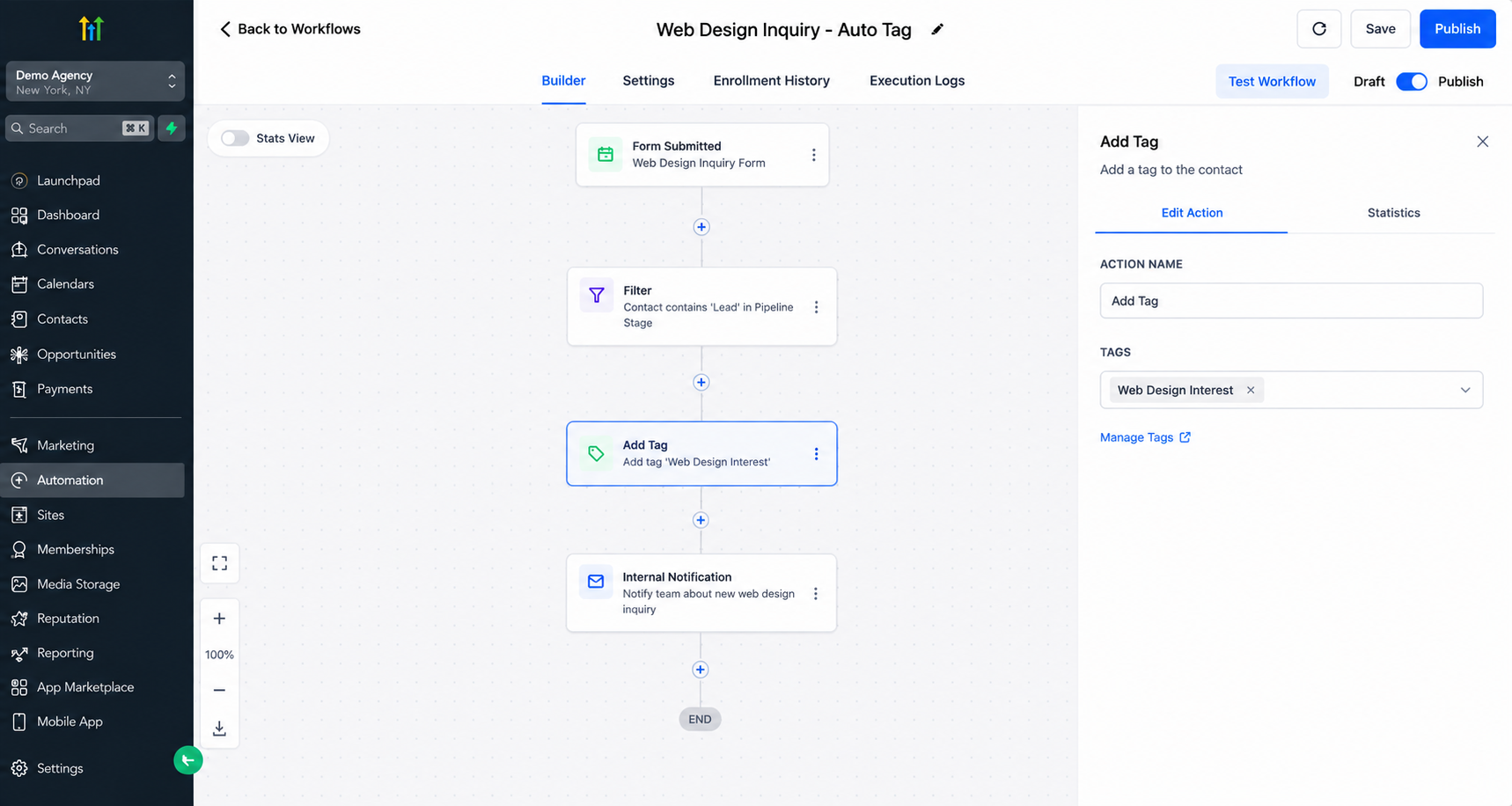 GoHighLevel Add Contact Tag workflow action configured with the Web Design Interest tag GoHighLevel Add Contact Tag workflow action configured with the Web Design Interest tag