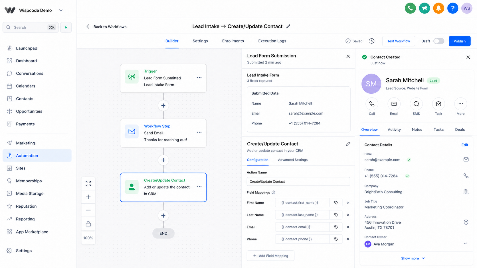 GoHighLevel workflow showing trigger, Create/Update Contact action, and CRM record GoHighLevel workflow showing trigger, Create/Update Contact action, and CRM record