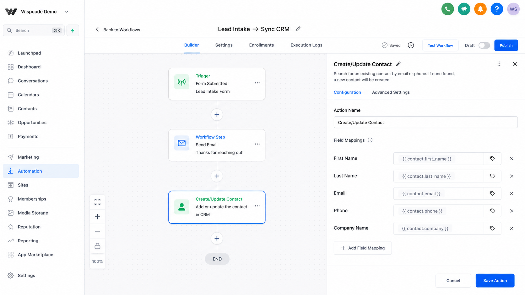 GoHighLevel workflow showing the Create/Update Contact action GoHighLevel workflow showing the Create/Update Contact action