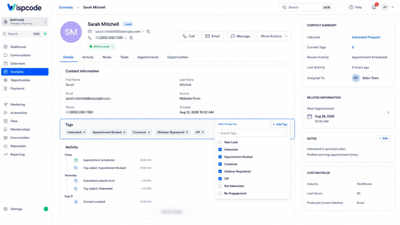 GoHighLevel Contacts CRM lead profile and tag management dashboard GoHighLevel Contacts CRM lead profile and tag management dashboard