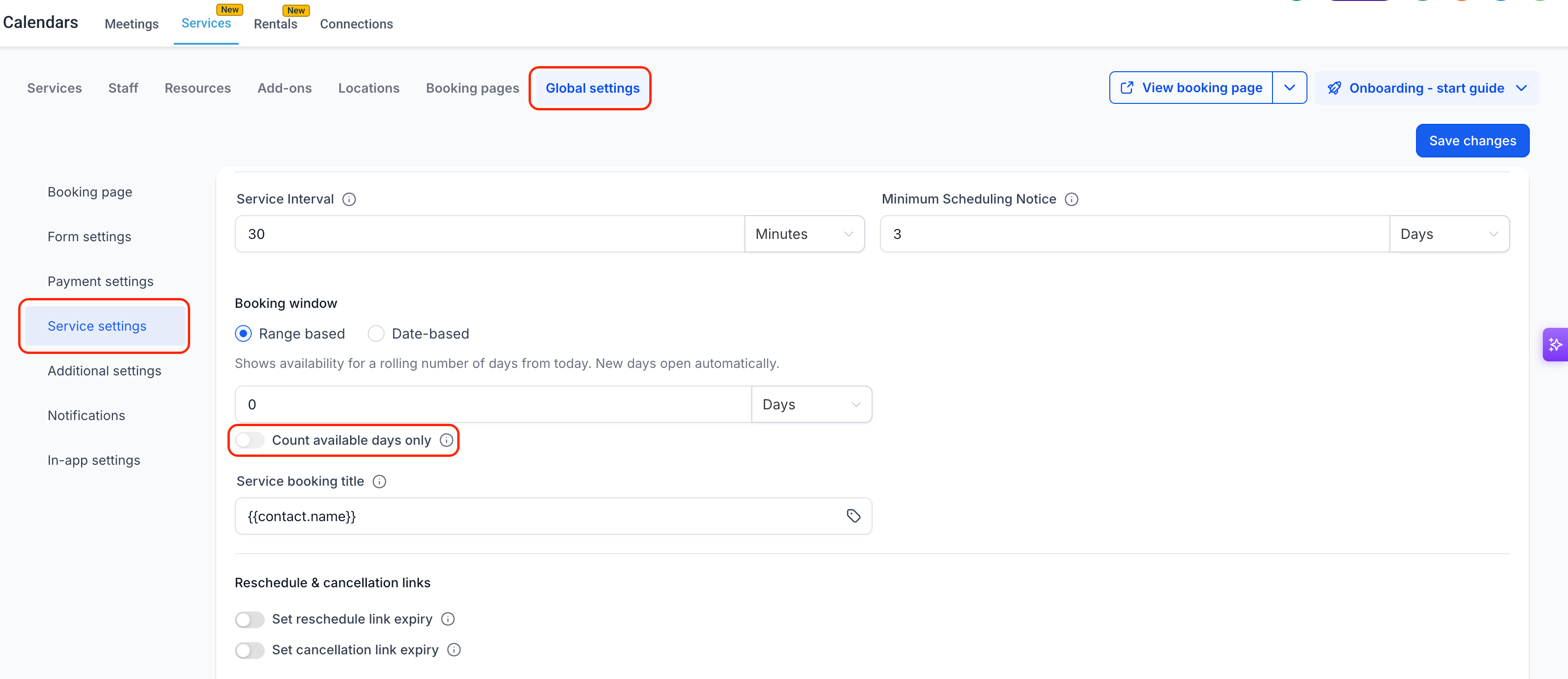 GoHighLevel Service Settings showing Booking Window and Count available days only option GoHighLevel Service Settings showing Booking Window and Count available days only option