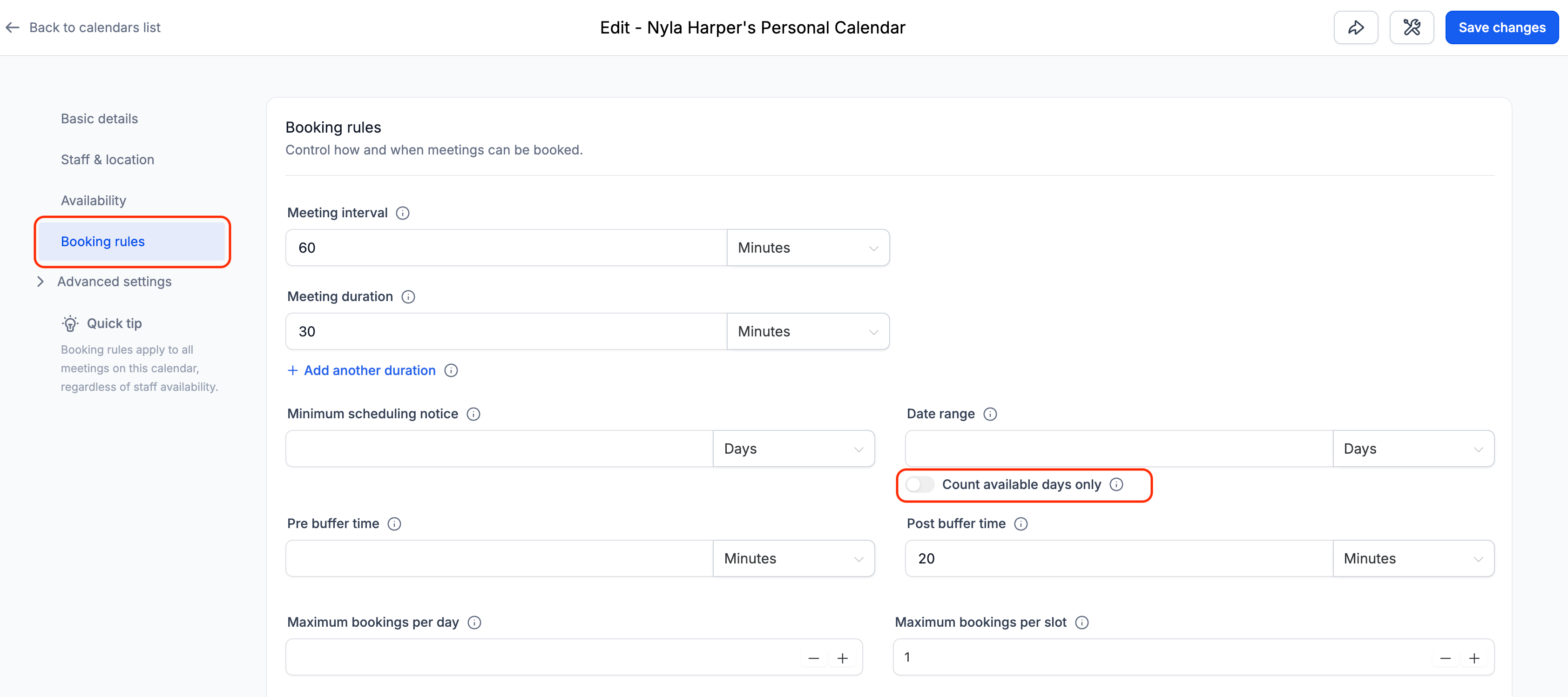 GoHighLevel Calendar Booking Rules showing the Count available days only toggle GoHighLevel Calendar Booking Rules showing the Count available days only toggle