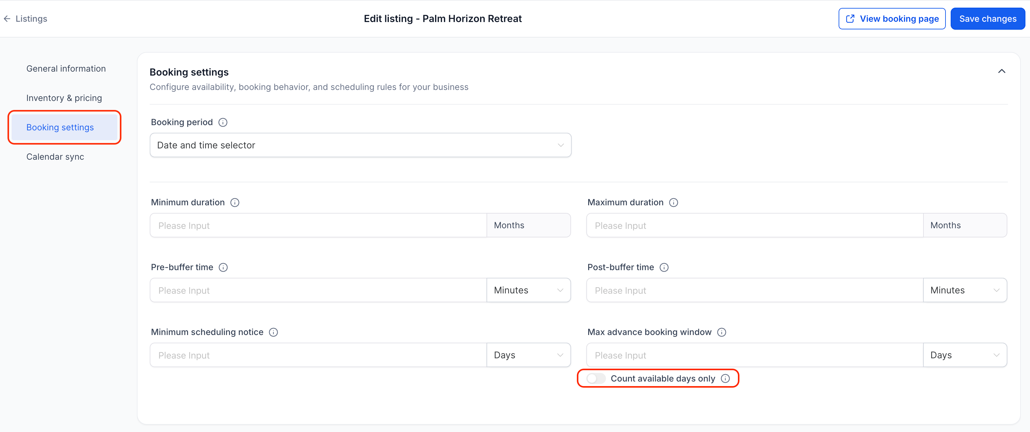 GoHighLevel Rental Booking Settings showing Count available days only toggle GoHighLevel Rental Booking Settings showing Count available days only toggle