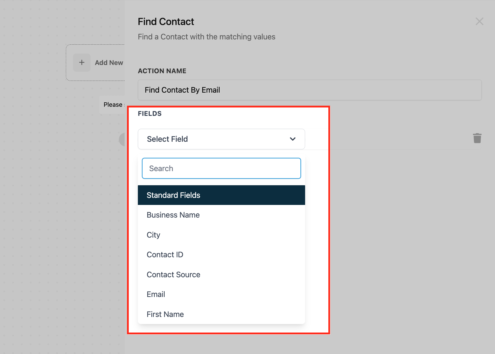 GoHighLevel Find Contact action with the field picker open showing Standard Fields including Business Name, City, Contact ID, Contact Source, Email and First Name GoHighLevel Find Contact action with the field picker open showing Standard Fields including Business Name, City, Contact ID, Contact Source, Email and First Name