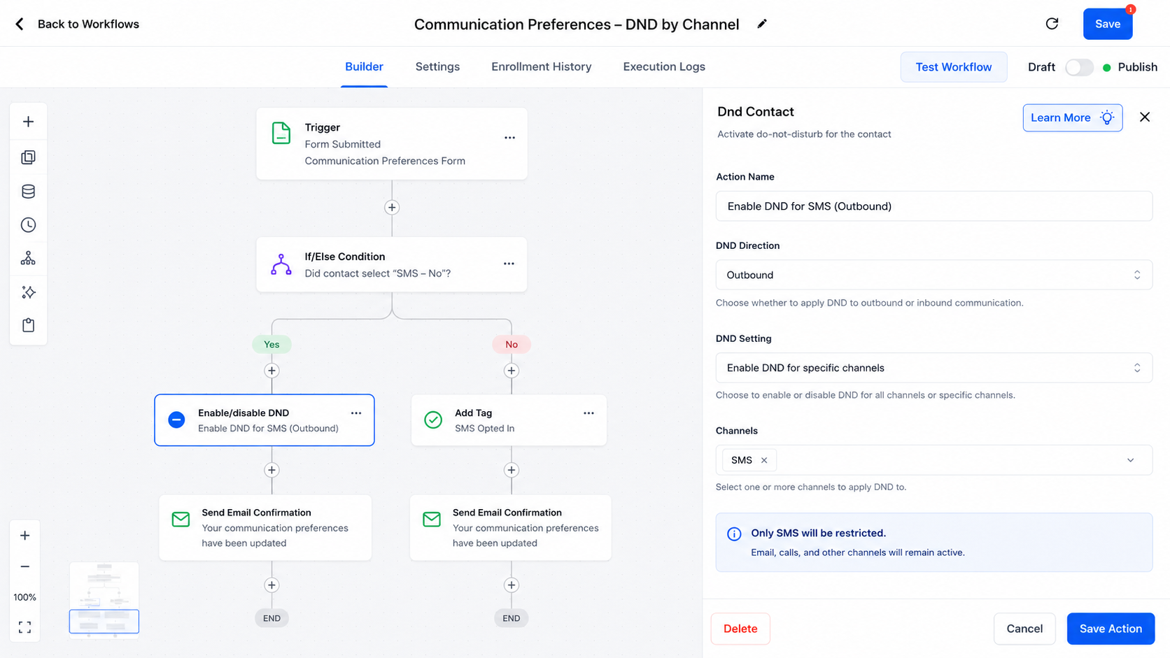 GoHighLevel workflow enabling outbound DND for SMS while other communication channels remain available GoHighLevel workflow enabling outbound DND for SMS while other communication channels remain available