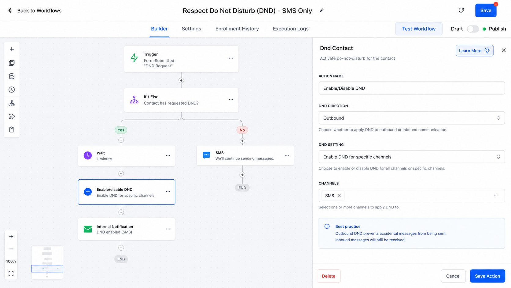 GoHighLevel DND workflow reviewed before publishing with outbound SMS channel settings configured GoHighLevel DND workflow reviewed before publishing with outbound SMS channel settings configured