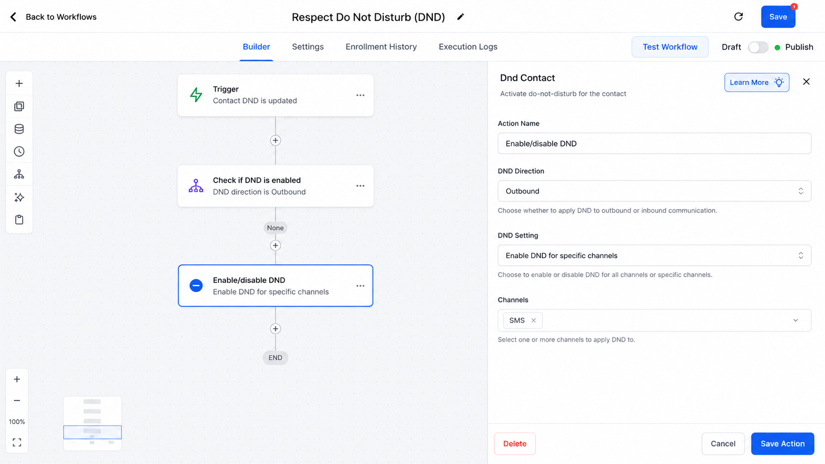 GoHighLevel Enable/Disable DND action configured for outbound SMS in the Workflow Builder GoHighLevel Enable/Disable DND action configured for outbound SMS in the Workflow Builder