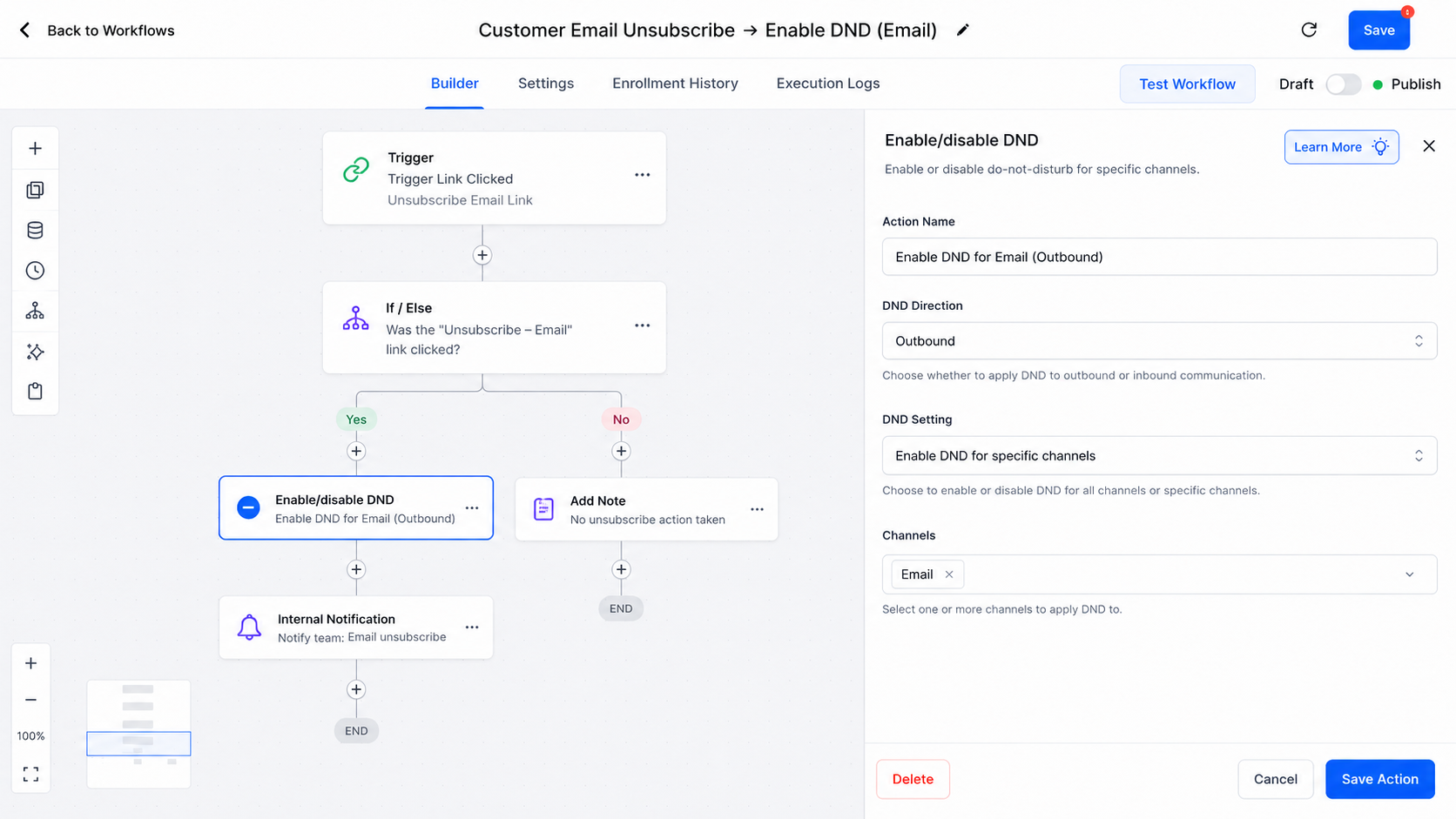 GoHighLevel workflow using an unsubscribe link to enable outbound email DND for a contact GoHighLevel workflow using an unsubscribe link to enable outbound email DND for a contact