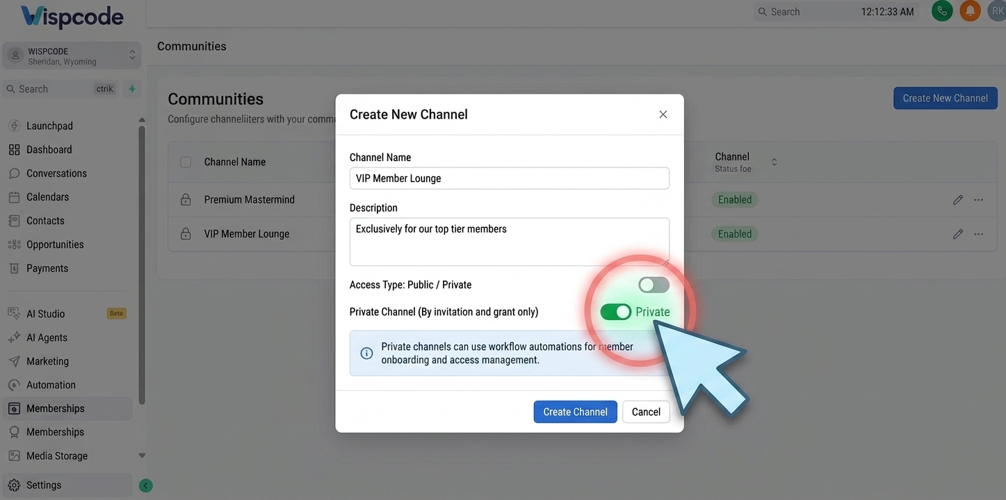 GoHighLevel Communities private VIP channel setup with Private access enabled GoHighLevel Communities private VIP channel setup with Private access enabled