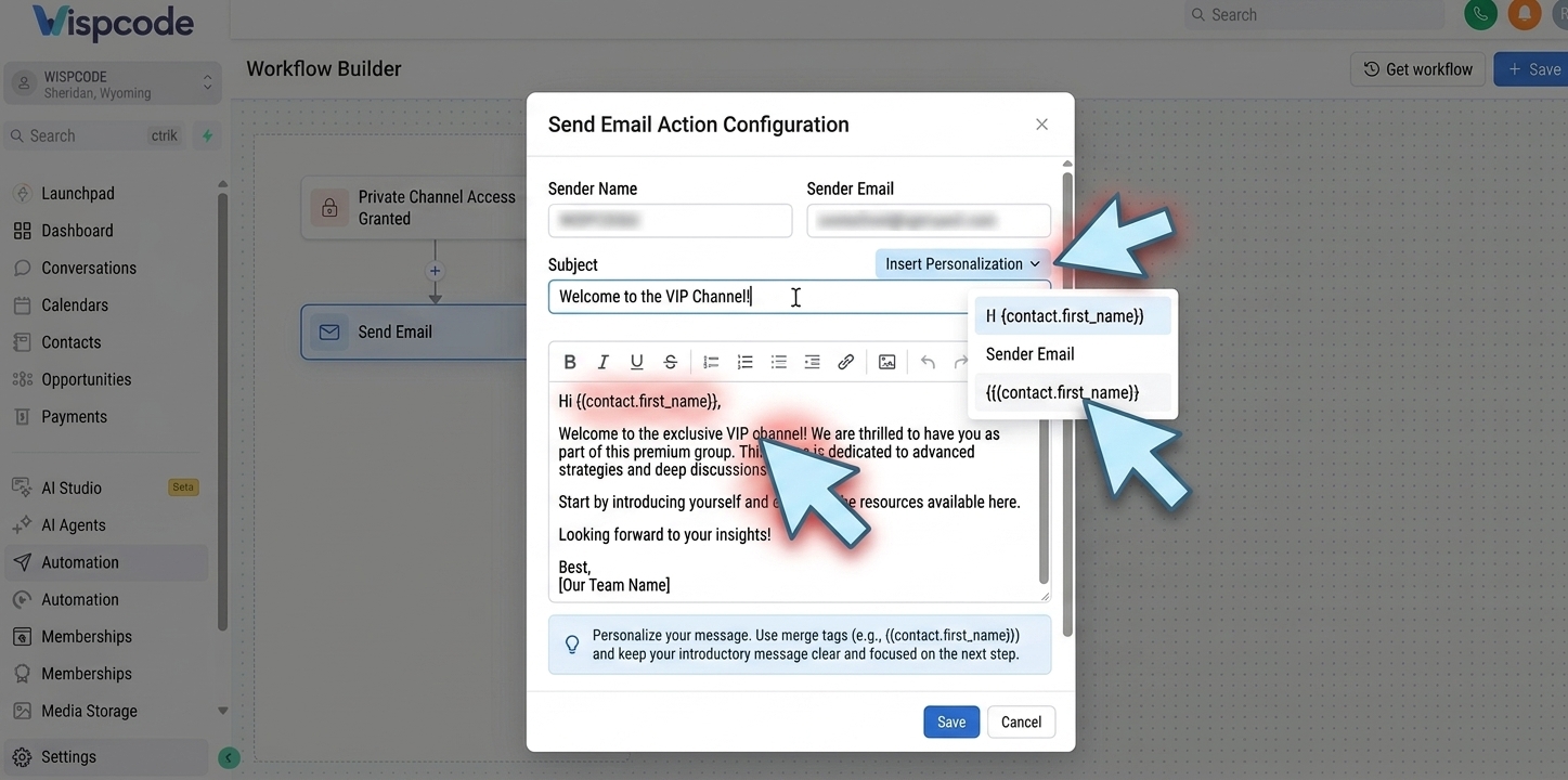 GoHighLevel workflow email action with personalized VIP channel welcome message GoHighLevel workflow email action with personalized VIP channel welcome message