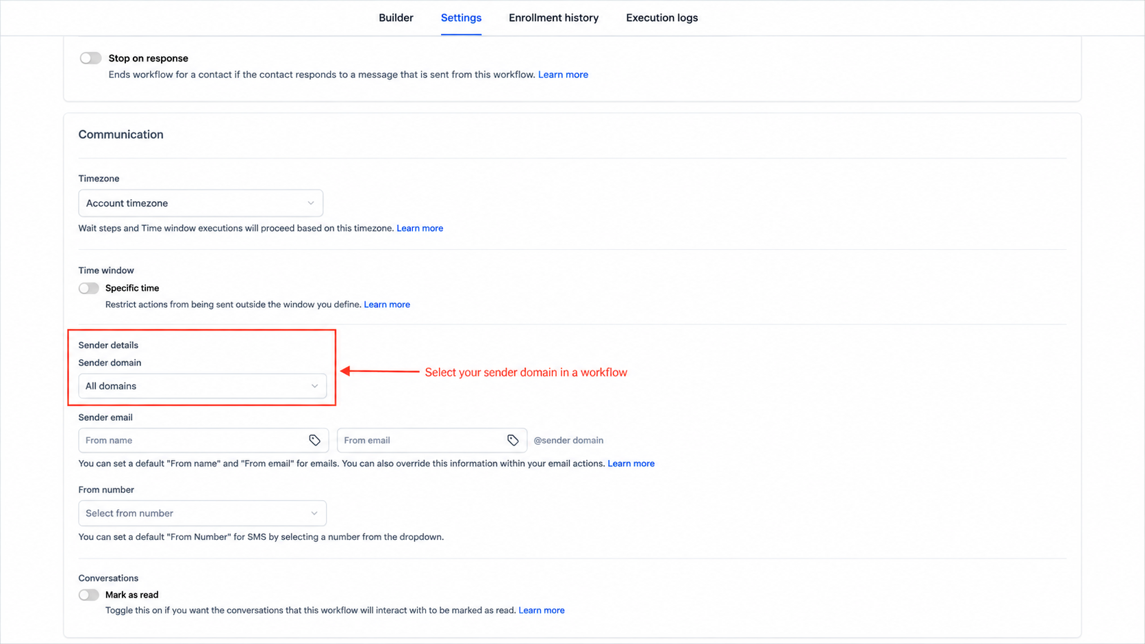 GoHighLevel Workflow Settings showing the Sender domain option under Sender details