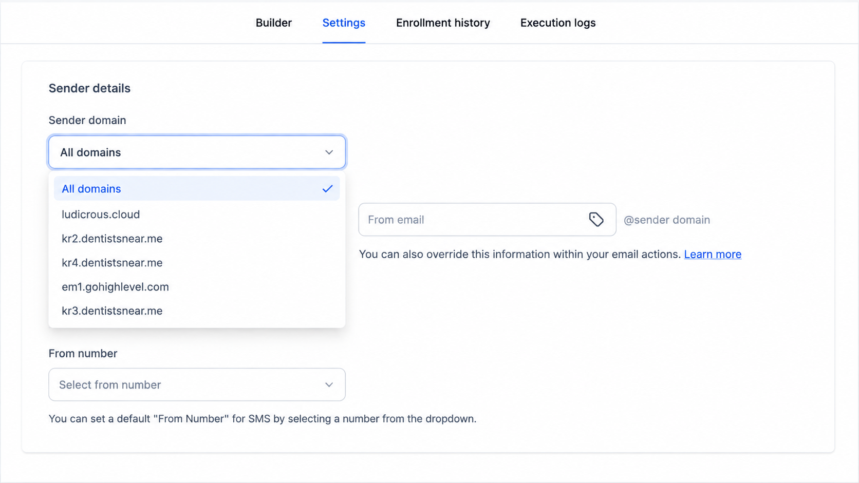 GoHighLevel Sender domain dropdown showing All domains and verified dedicated domains